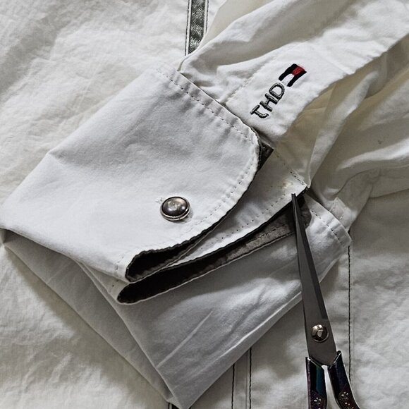 Red Label Hilfiger Denim Shirt Men L Cream Khaki LS Y2K Pearl Button Up Boho VTG - Picture 13 of 16